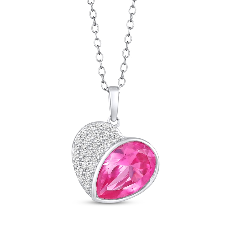 Main Image 1 of Pear-Shaped Pink Lab-Created Sapphire & White Lab-Created Sapphire Heart Necklace Sterling Silver 18&quot;