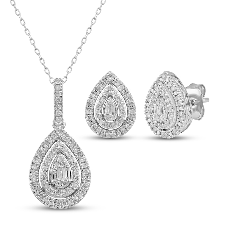 Main Image 1 of Baguette & Round-Cut Multi-Diamond Teardrop Necklace & Earrings Set 1/2 ct tw Sterling Silver