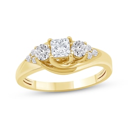 Memories Moments Magic Princess & Round-Cut Diamond Three-Stone Engagement Ring 3/4 ct tw 14K Yellow Gold