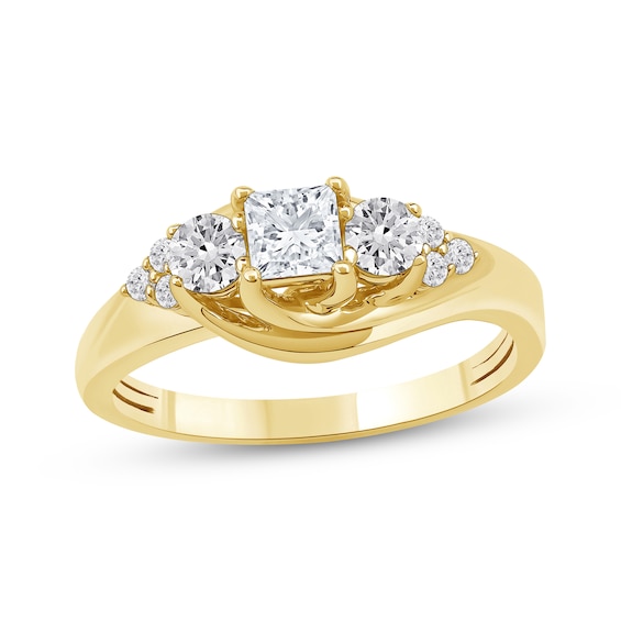 Memories Moments Magic Princess & Round-Cut Diamond Three-Stone Engagement Ring 3/4 ct tw 14K Yellow Gold