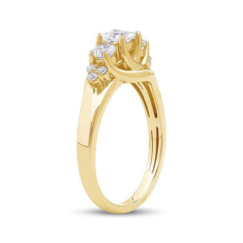 Main Image 2 of Memories Moments Magic Princess & Round-Cut Diamond Three-Stone Engagement Ring 3/4 ct tw 14K Yellow Gold