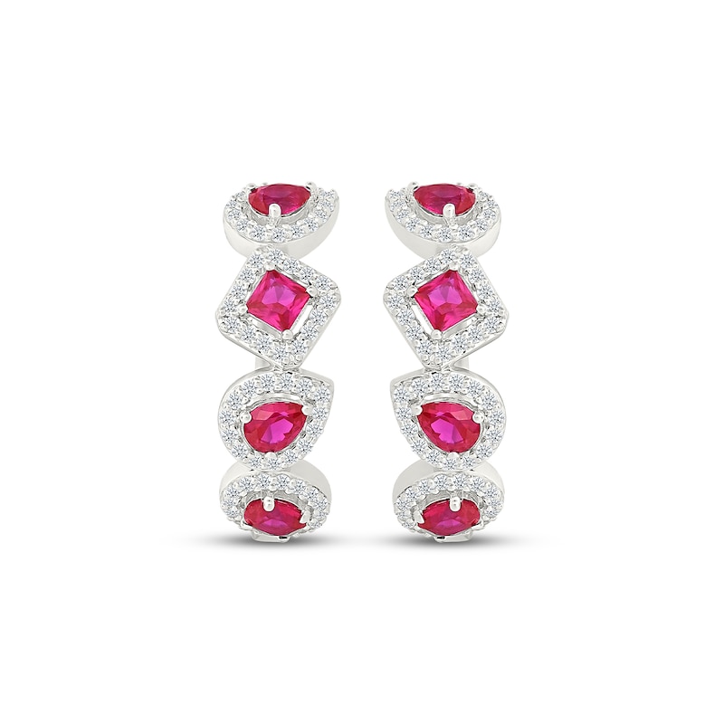 Main Image 2 of Multi-Shape Lab-Created Ruby & White Lab-Created Sapphire Hoop Earrings Sterling Silver