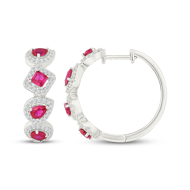 Main Image 3 of Multi-Shape Lab-Created Ruby & White Lab-Created Sapphire Hoop Earrings Sterling Silver
