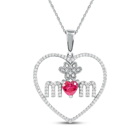 Lab-Created Ruby & White Lab-Created Sapphire Dog Mom Necklace Sterling Silver 18"