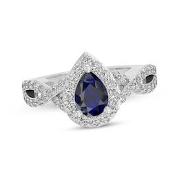 Pear-Shaped Blue Lab-Created Sapphire & White Lab-Created Sapphire Halo Ring Sterling Silver