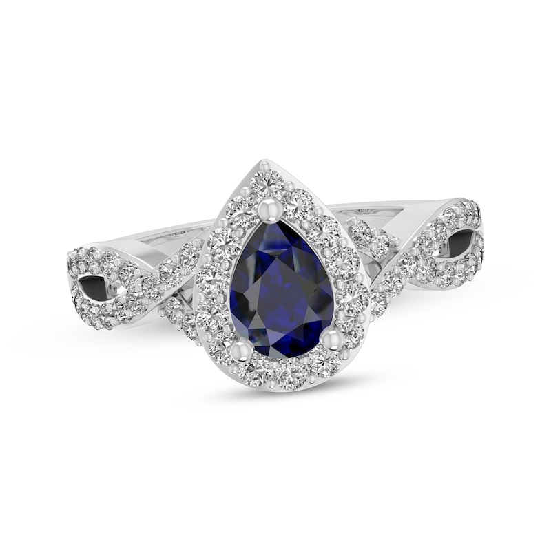Main Image 1 of Pear-Shaped Blue Lab-Created Sapphire & White Lab-Created Sapphire Halo Ring Sterling Silver