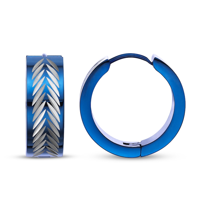 Main Image 2 of Men's Fishbone-Pattern Hoop Earrings Stainless Steel & Blue Ion Plating
