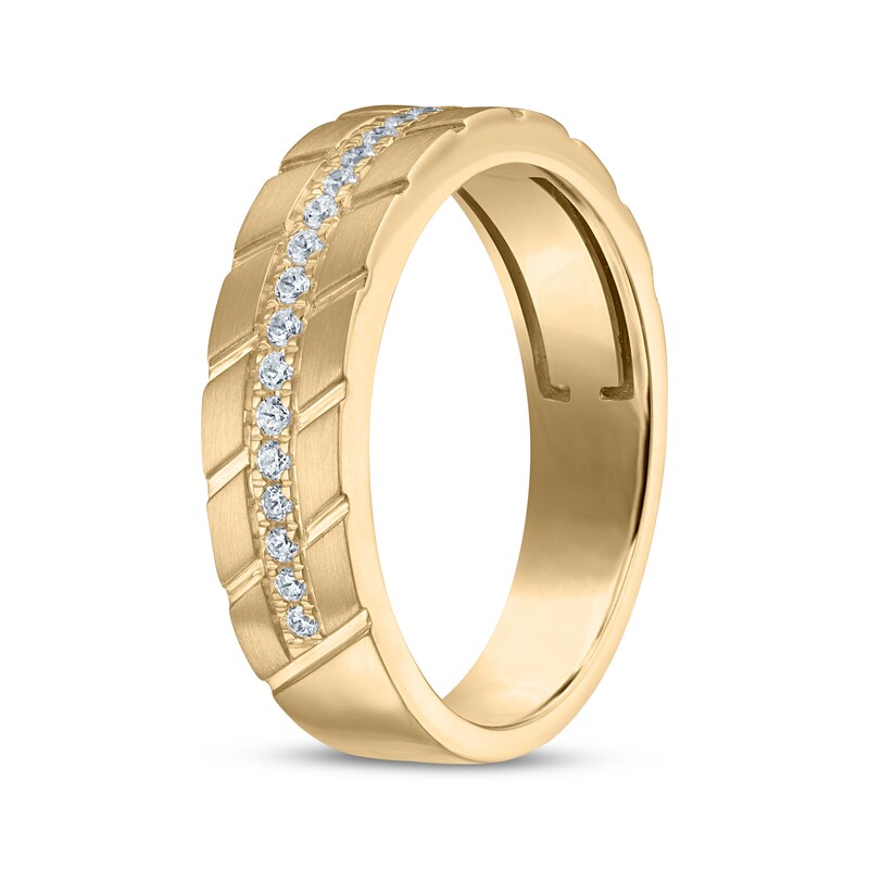 Main Image 2 of Now + Forever Men's Diamond Diagonal Grooved Wedding Band 1/4 ct tw 10K Yellow Gold