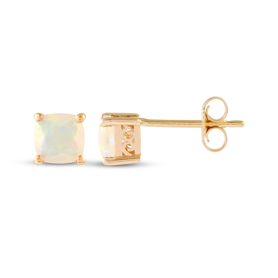 Cushion-Cut Opal Solitaire Stud Earrings 10K Yellow Gold