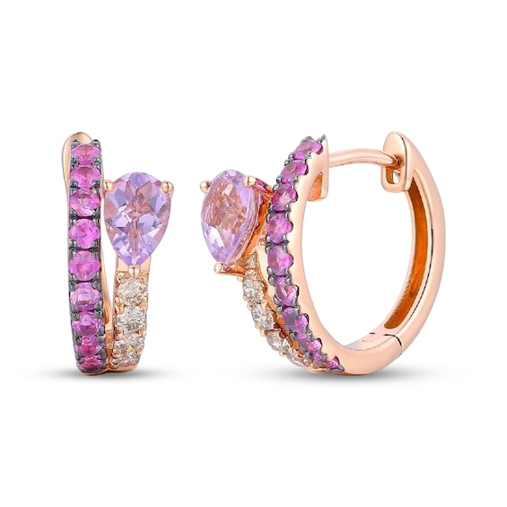 Le Vian Good Karma Pear-Shaped Amethyst & Pink Sapphire Hoop Earrings 1/5 ct tw Diamonds 14K Strawberry Gold