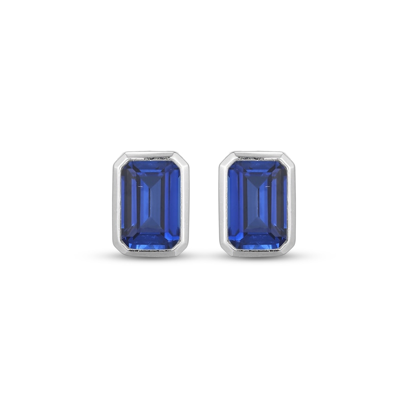 Main Image 2 of STUDIO BY KAY Emerald-Cut Blue Lab-Created Sapphire Bezel-Set Solitaire Stud Earrings Sterling Silver