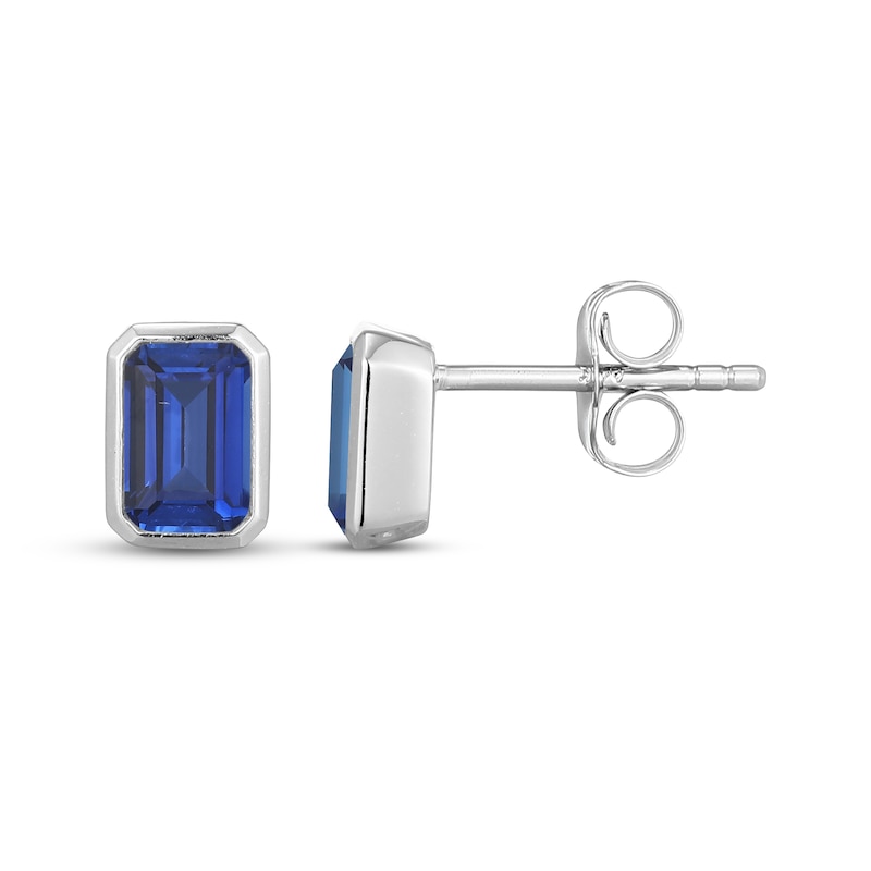Main Image 3 of STUDIO BY KAY Emerald-Cut Blue Lab-Created Sapphire Bezel-Set Solitaire Stud Earrings Sterling Silver