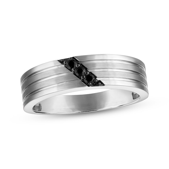 Now + Forever Men's Black Diamond Three-Stone Diagonal Wedding Band 1/10 ct tw 10K White Gold