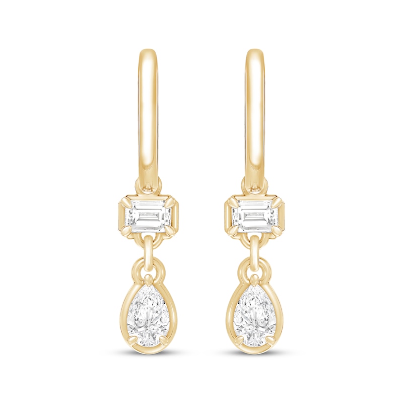 Main Image 2 of KAY Lab-Grown Diamonds Emerald-Cut & Pear-Shaped Dangle Huggie Hoop Earrings 1 ct tw 10K Yellow Gold