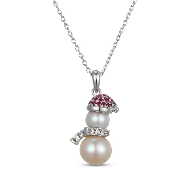 Main Image 1 of Cultured Pearl, Lab-Created Ruby & White Lab-Created Sapphire Snowman Necklace Sterling Silver 18"
