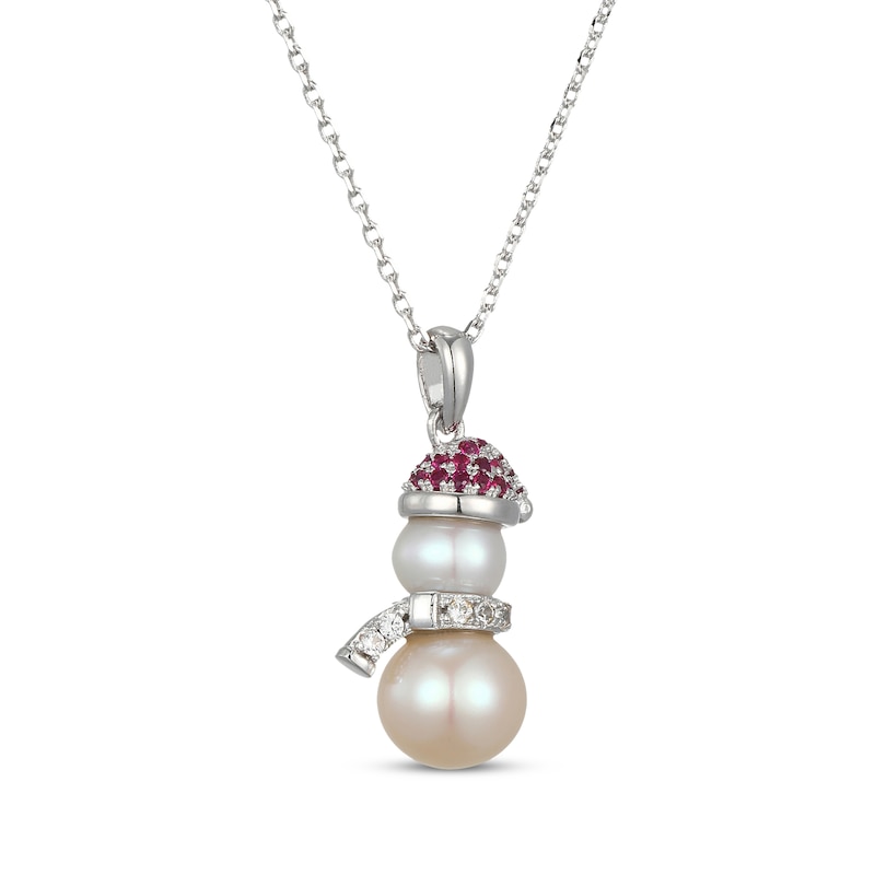 Main Image 2 of Cultured Pearl, Lab-Created Ruby & White Lab-Created Sapphire Snowman Necklace Sterling Silver 18"