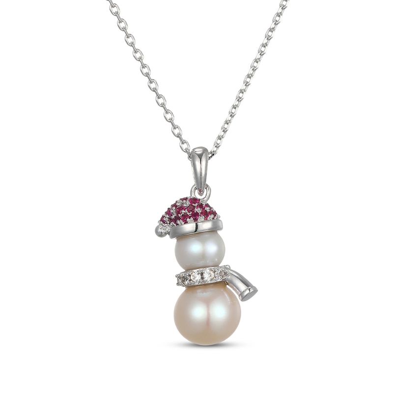 Main Image 3 of Cultured Pearl, Lab-Created Ruby & White Lab-Created Sapphire Snowman Necklace Sterling Silver 18"
