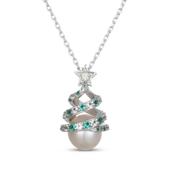 Cultured Pearl, Lab-Created Emerald & White Lab-Created Sapphire Christmas Tree Necklace Sterling Silver 18"