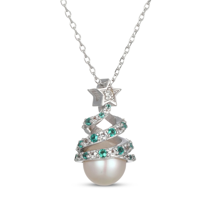 Main Image 2 of Cultured Pearl, Lab-Created Emerald & White Lab-Created Sapphire Christmas Tree Necklace Sterling Silver 18"