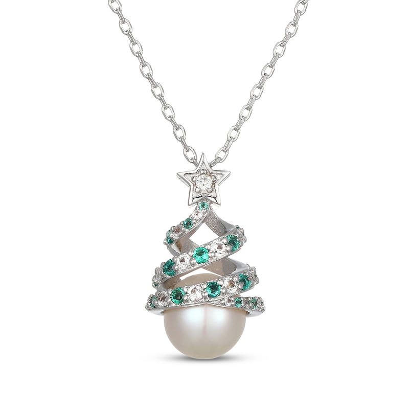 Main Image 3 of Cultured Pearl, Lab-Created Emerald & White Lab-Created Sapphire Christmas Tree Necklace Sterling Silver 18"