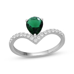 Pear-Shaped Lab-Created Emerald & White Lab-Created Sapphire Ring Sterling Silver