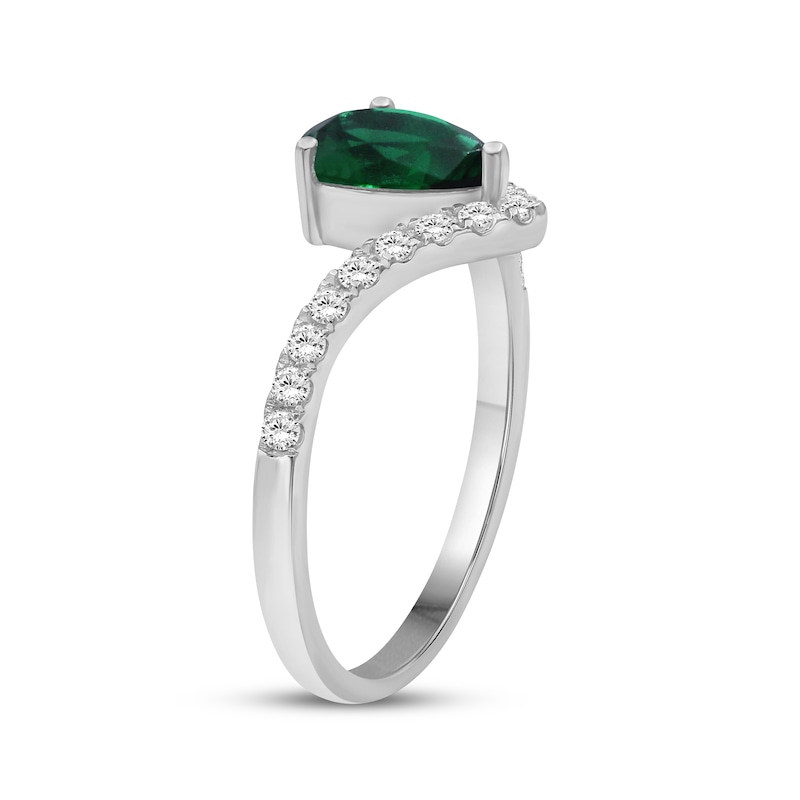 Main Image 2 of Pear-Shaped Lab-Created Emerald & White Lab-Created Sapphire Ring Sterling Silver