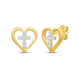 KAY Lab-Grown Diamonds Heart with Cross Stud Earrings 1/10 ct tw 10K Yellow Gold