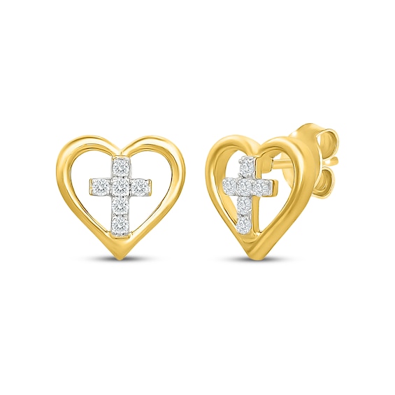 KAY Lab-Grown Diamonds Heart with Cross Stud Earrings 1/10 ct tw 10K Yellow Gold