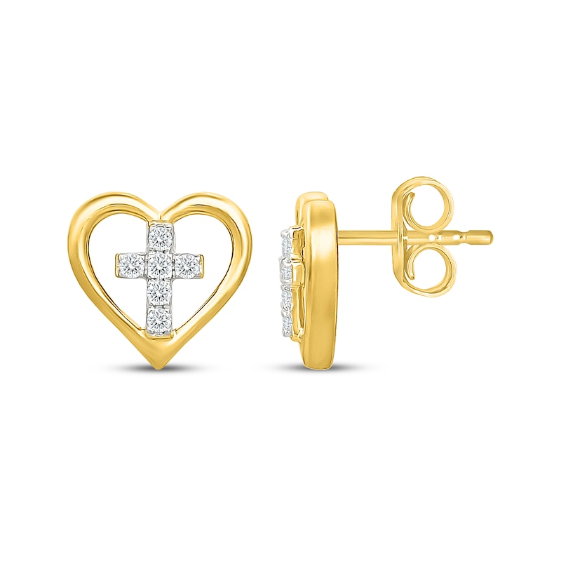 Main Image 3 of KAY Lab-Grown Diamonds Heart with Cross Stud Earrings 1/10 ct tw 10K Yellow Gold
