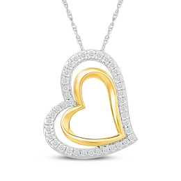 Diamond Tilted Double Heart Necklace 1/4 ct tw Sterling Silver & 10K Yellow Gold 18"