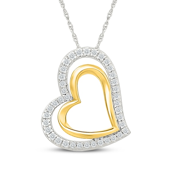 Diamond Tilted Double Heart Necklace 1/4 ct tw Sterling Silver & 10K Yellow Gold 18"
