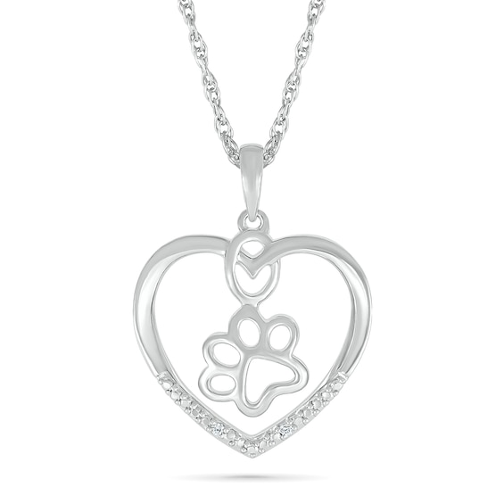 Diamond Accent Open Heart Paw Print Necklace Sterling Silver