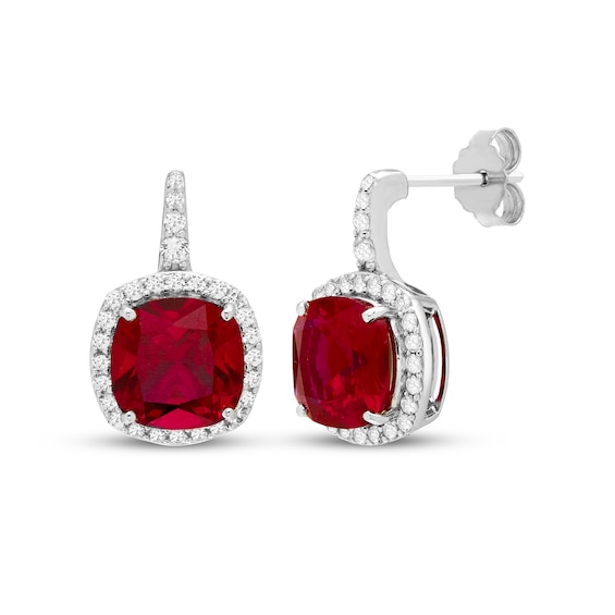 Cushion-Cut Lab-Created Ruby & White Lab-Created Sapphire Halo Drop Earrings Sterling Silver