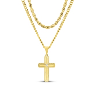 Rope Chain, Curb Chain & Diamond Accent Cross Pendant Gift Set Yellow Ion-Plated Stainless Steel