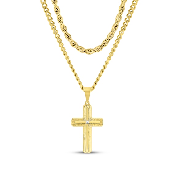 Rope Chain, Curb Chain & Diamond Accent Cross Pendant Gift Set Yellow Ion-Plated Stainless Steel