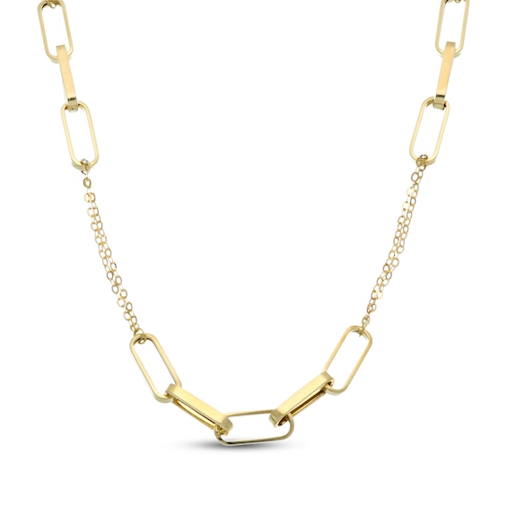 Paperclip Chain Station Necklace Hollow 10K Yellow Gold 18"