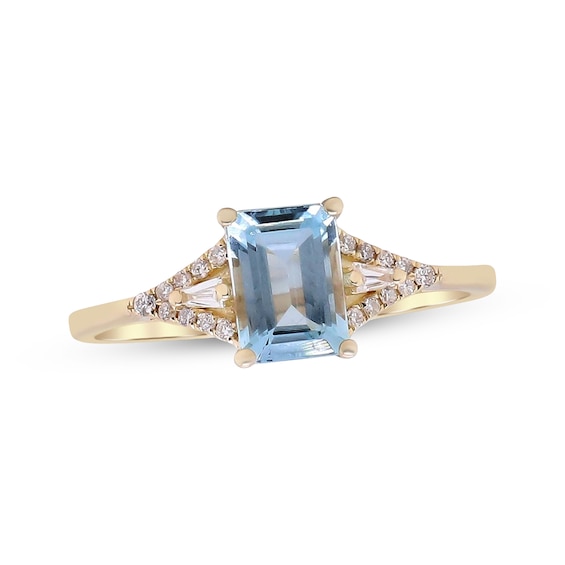 Emerald-Cut Natural Aquamarine & Diamond Ring 1/10 ct tw 10K Yellow Gold