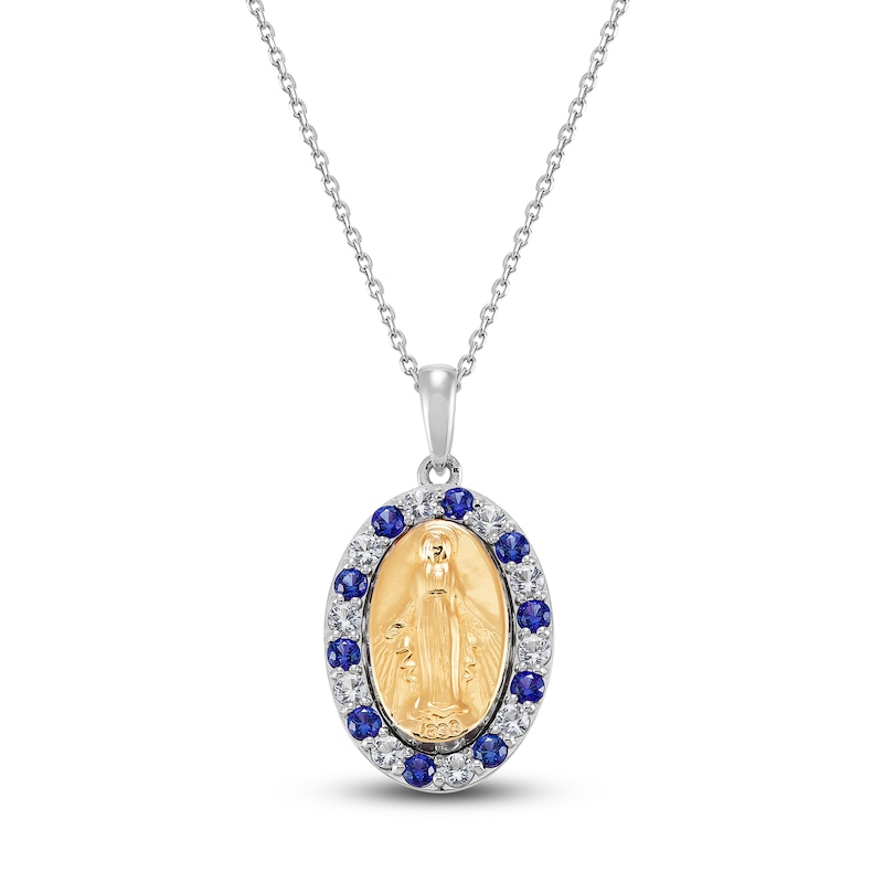 Main Image 1 of Blue & White Lab-Created sapphire Mary Necklace Sterling Silver/10K Yellow Gold 18&quot;