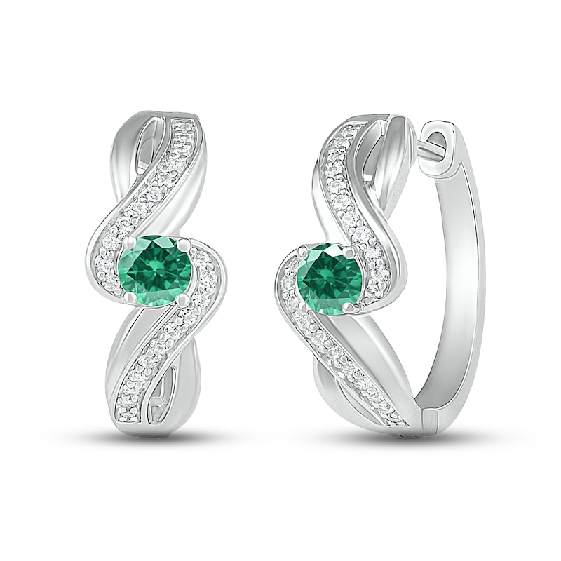 Main Image 1 of Lab-Created Emerald & White Lab-Created Sapphire Hoop Earrings Sterling Silver