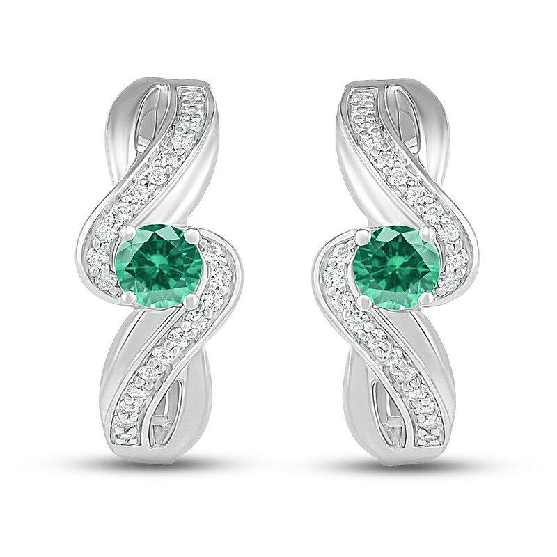 Main Image 2 of Lab-Created Emerald & White Lab-Created Sapphire Hoop Earrings Sterling Silver