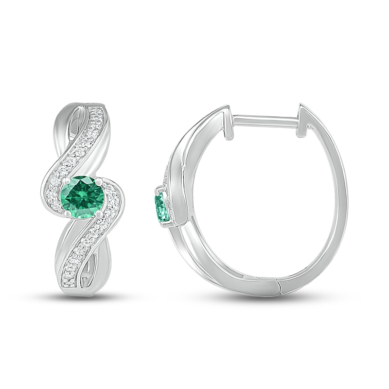 Lab-Created Emerald & White Lab-Created Sapphire Hoop Earrings Sterling Silver