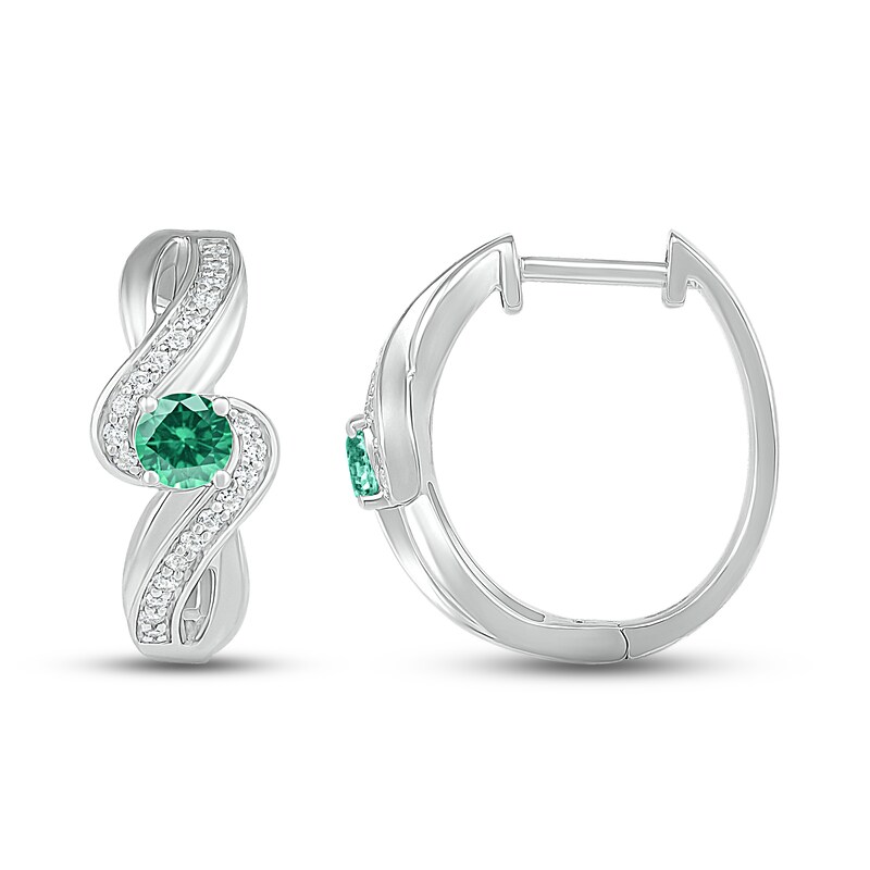 Main Image 3 of Lab-Created Emerald & White Lab-Created Sapphire Hoop Earrings Sterling Silver