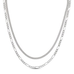 Curb & Figaro Double Chain Necklace Sterling Silver 22&quot;