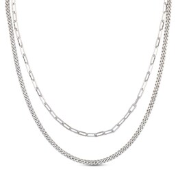 Paperclip & Curb Double Chain Necklace Sterling Silver 22&quot;