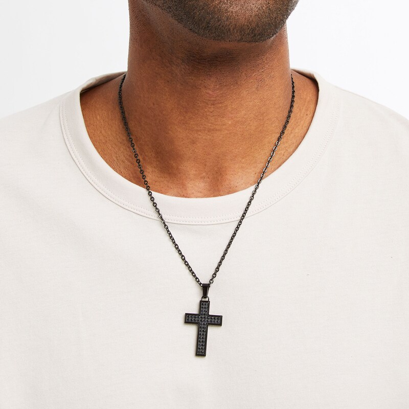 Men's Black Sapphire Cross Necklace Ion-Plated Stainless Steel 22"