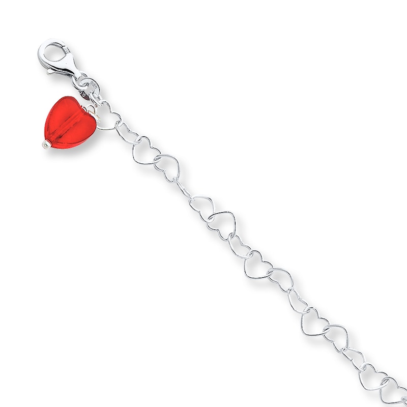 Red Crystal Heart Anklet Sterling Silver 10"