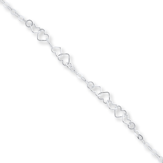 Heart Link Anklet Solid Sterling Silver 10"