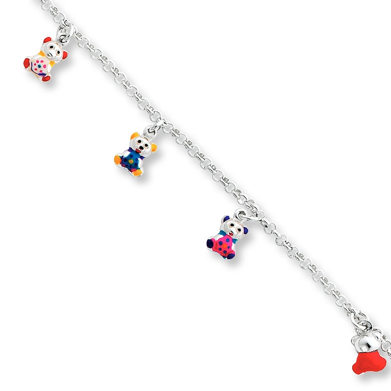 Teddy Bear Bracelet Enamel Accents Sterling Silver 6"