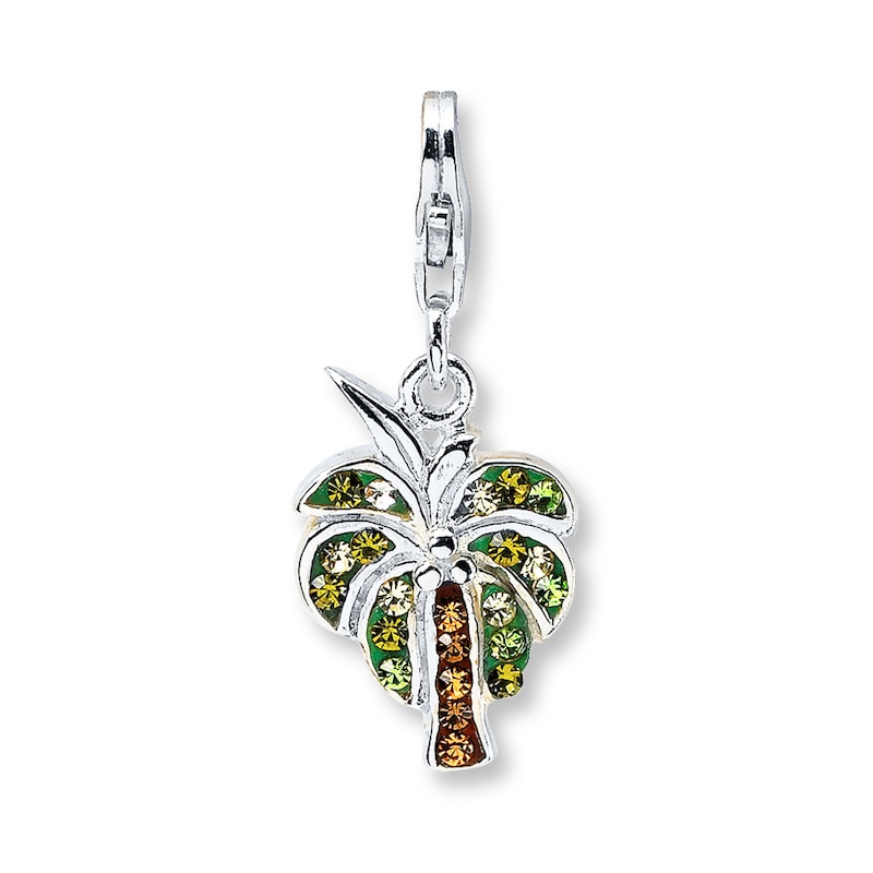 Palm Tree Charm Brown & Green Crystals Sterling Silver
