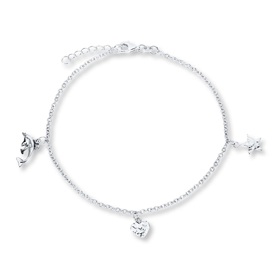 Heart, Star, and Dolphin Anklet Solid Sterling Silver 9"